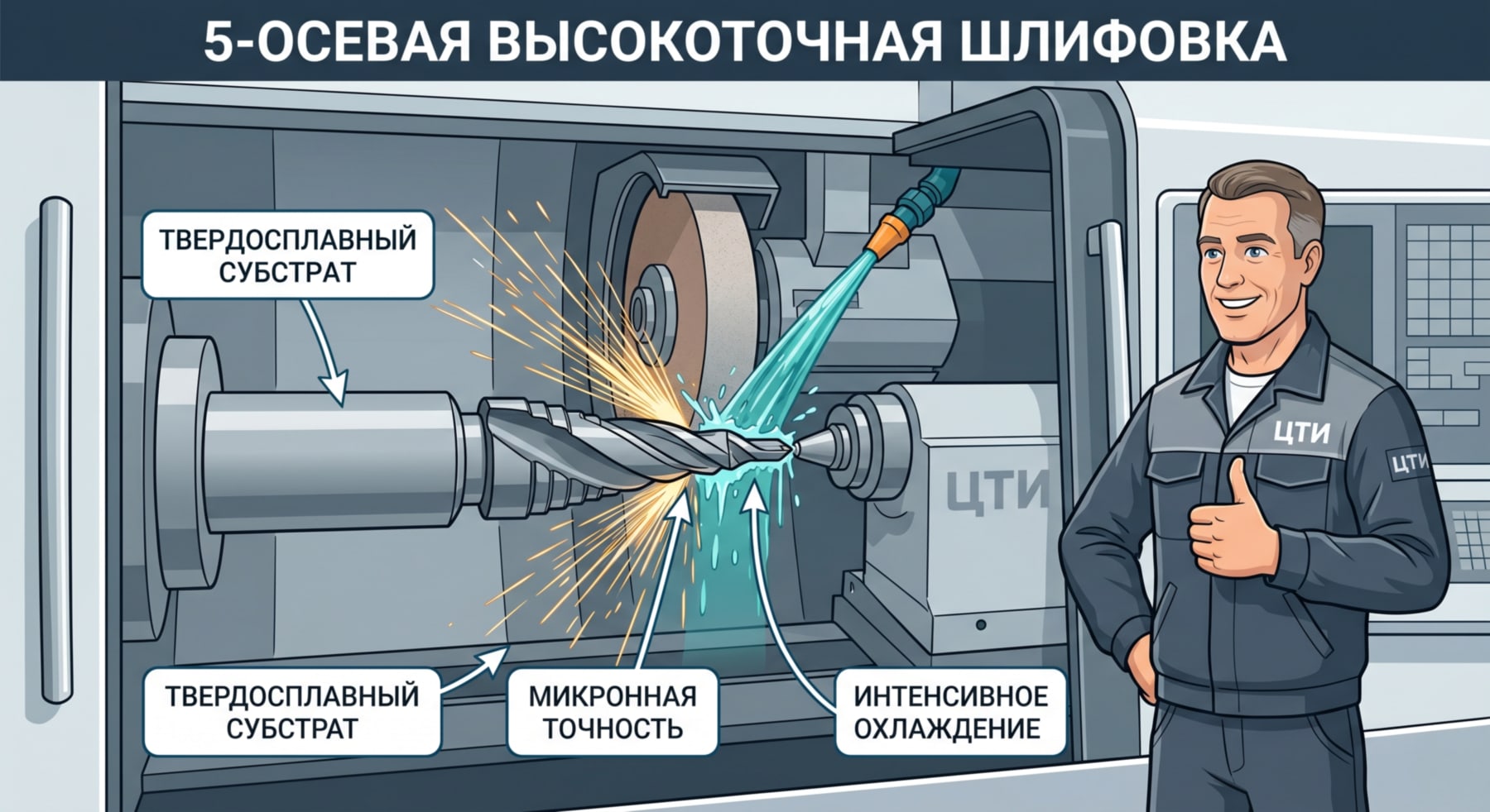 Процесс вышлифовывания инструмента на 5-осевом станке с ЧПУ